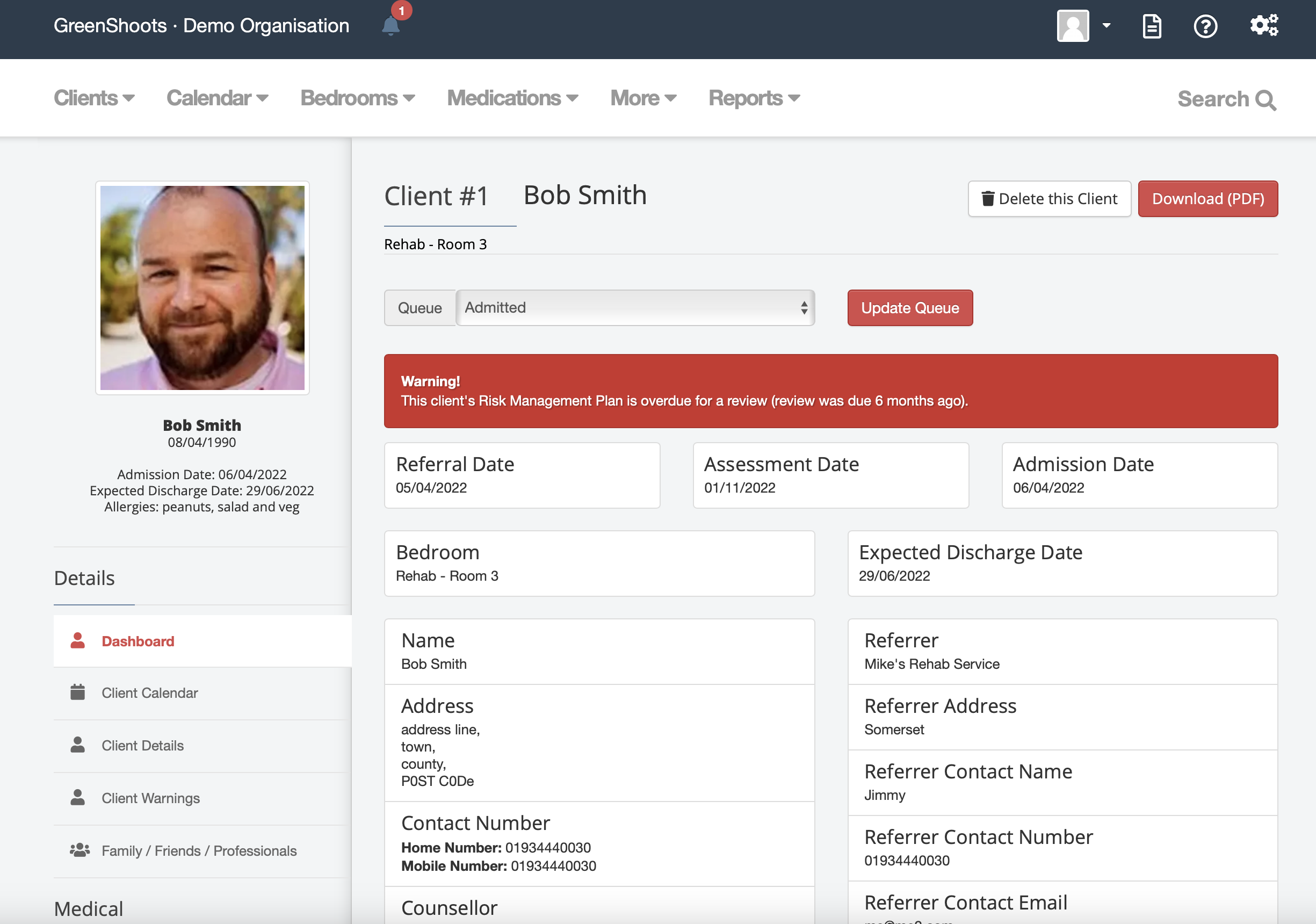 client profile within GreenShoots case management system
