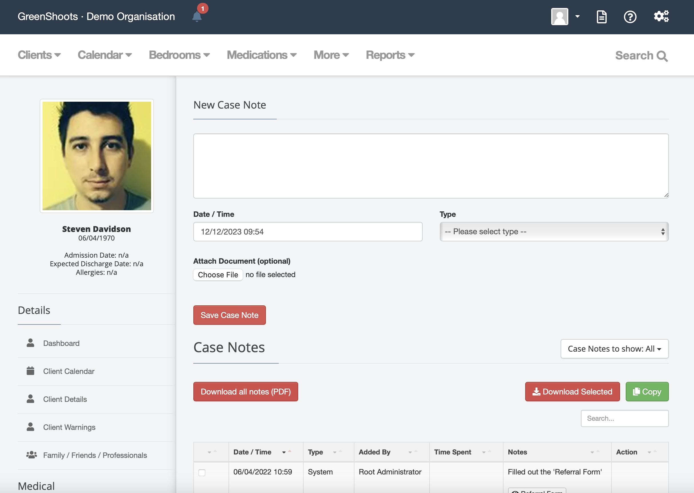 client case notes within GreenShoots case management system